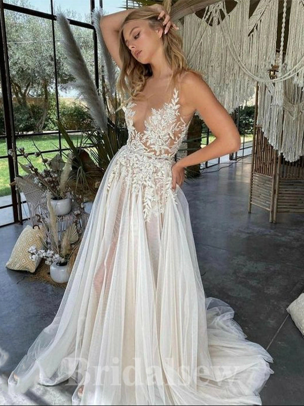 Charming A-line Sleeveless Custom Lace Beach Vintage Long Wedding Dresses WD344