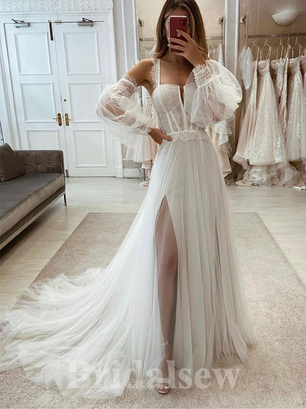 Charming A-line Unique Design Garden Country Beach Vintage Long Wedding Dresses WD346