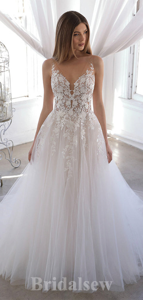 Charming A-line V-Neck Floor-Length Lace Appliques Tulle Unique Garden Beach Vintage Long Wedding Dresses WD331