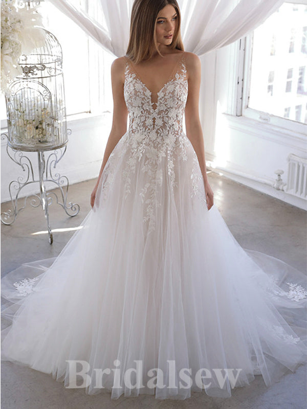 Charming A-line V-Neck Floor-Length Lace Appliques Tulle Unique Garden Beach Vintage Long Wedding Dresses WD331