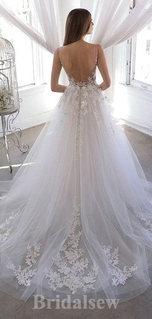 Charming A-line V-Neck Floor-Length Lace Appliques Tulle Unique Garden Beach Vintage Long Wedding Dresses WD331