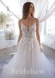 Charming A-line V-Neck Floor-Length Lace Appliques Tulle Unique Garden Beach Vintage Long Wedding Dresses WD331