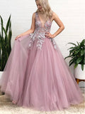 Charming A-line V-Neck Lace Tulle Fashion Formal Long Prom Dresses PD247