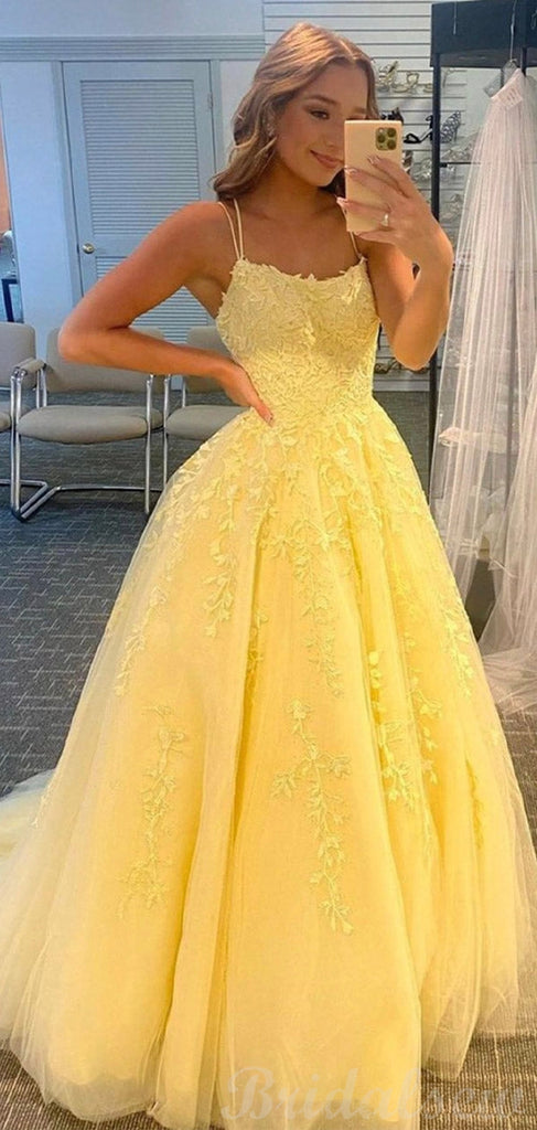 Charming A-line Yellow Lace Popular Party Black Girls Slay Evening Long Prom Dresses PD503