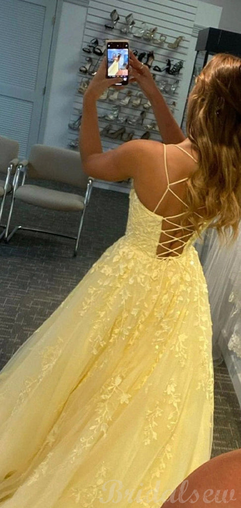 Charming A-line Yellow Lace Popular Party Black Girls Slay Evening Long Prom Dresses PD503