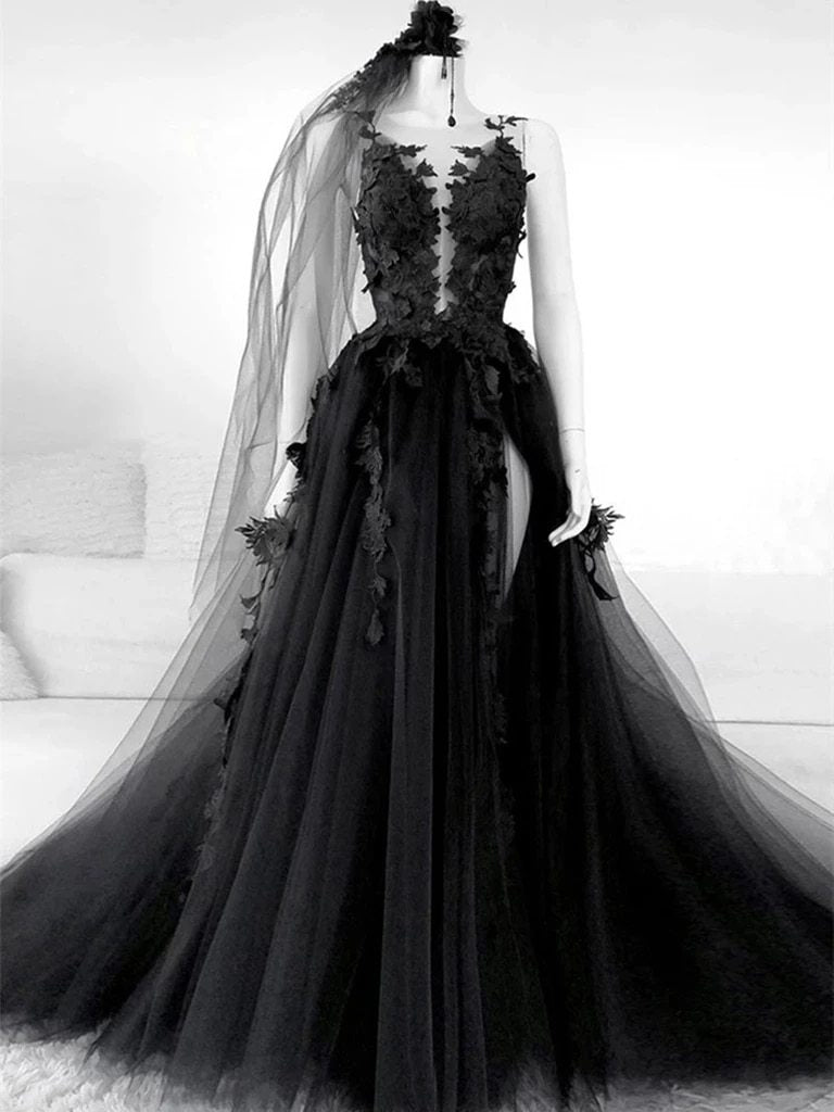 Charming Black Gothic Lace Tulle A-line Long Wedding Dresses, Bridal Gowns WD091