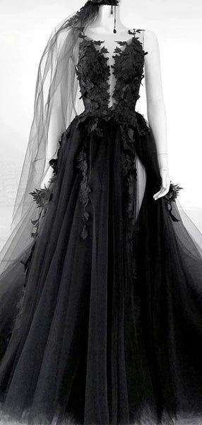Charming Black Gothic Lace Tulle A-line Long Wedding Dresses, Bridal G ...