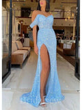 Charming Blue Off The Shoulder Sequin Sparkly Glitter Mermaid Elegant Modest Women Long Evening Prom Dresses PD626