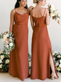 Charming Burnt Orange Spaghetti Strap Elegant Long Most Popular Bridesmaid Dresses BD220