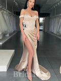 Charming Champagne Long Mermaid Off the Shoulder Satin Elegant Evening Prom Dresses PD932