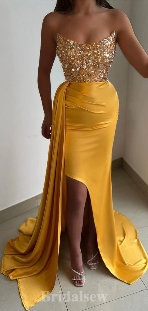 Charming Elegant Yellow Glitter Strapless Modest Unique Mermaid Long Party Evening Prom Dresses, PD1263