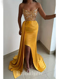 Charming Elegant Yellow Glitter Strapless Modest Unique Mermaid Long Party Evening Prom Dresses, PD1263