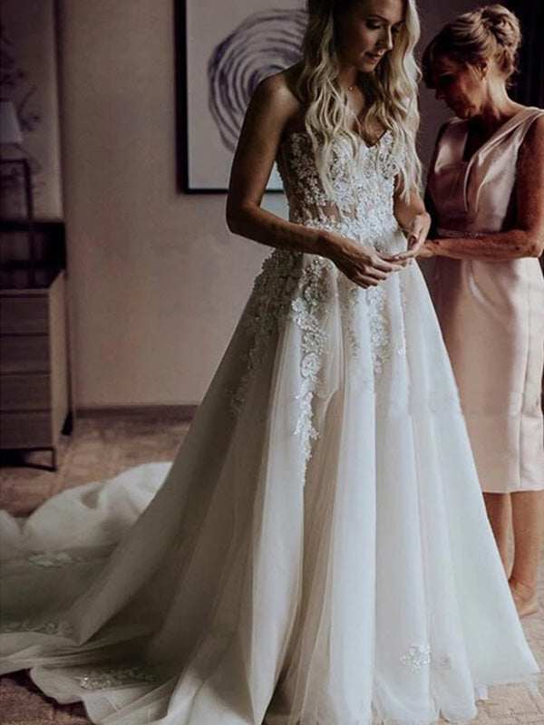 Chic A-line Lace Vintage Sweetheart Beach Dream Wedding Dresses WD019 bridalsew Chic A-line Lace Vintage Sweetheart Beach Dream Wedding Dresses WD019 bridalsew
