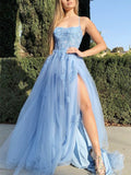 Charming Light Blue Lace Long Prom Dresses with Slit, Formal Evening Dress PD194