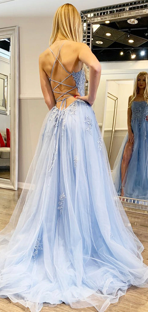 Charming Light Blue Lace Long Prom Dresses with Slit, Formal Evening Dress PD194