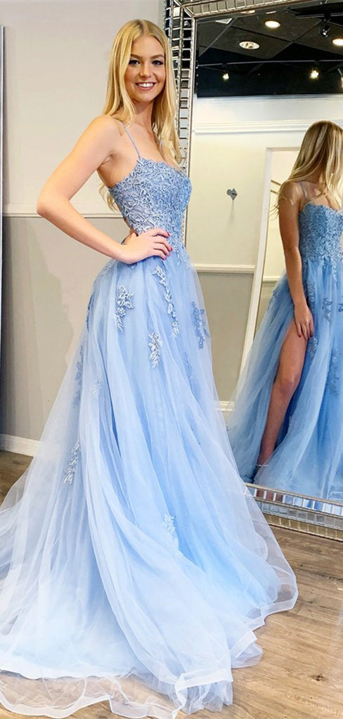 Charming Light Blue Lace Long Prom Dresses with Slit, Formal