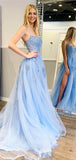 Charming Light Blue Lace Long Prom Dresses with Slit, Formal Evening Dress PD194