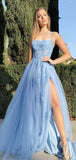 Charming Light Blue Lace Long Prom Dresses with Slit, Formal Evening Dress PD194