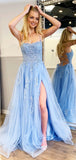 Charming Light Blue Lace Long Prom Dresses with Slit, Formal Evening Dress PD194
