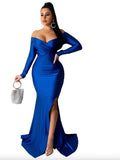 Charming Long Sleeves Off the Shoulder Blue Mermaid Unique Elegant Formal Black Girls Slay Satin Evening Long Prom Dresses PD536