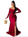Charming Long Sleeves Off the Shoulder Mermaid Unique Elegant Formal Black Girls Slay Satin Evening Long Prom Dresses PD535
