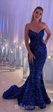 Charming Mermaid Strapless Royal Blue Sequin Popular Long Party Evening Prom Dresses PD1359