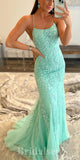Charming Mint Green Lace Mermaid Spaghetti Straps New Popular Long Party Evening Prom Dresses PD975