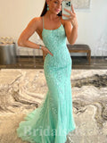 Charming Mint Green Lace Mermaid Spaghetti Straps New Popular Long Party Evening Prom Dresses PD975