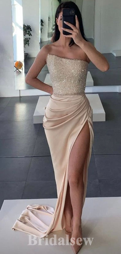Charming New Sequin Champagne Elegant Mermaid Formal Modest Long Evening Prom Dresses PD1039