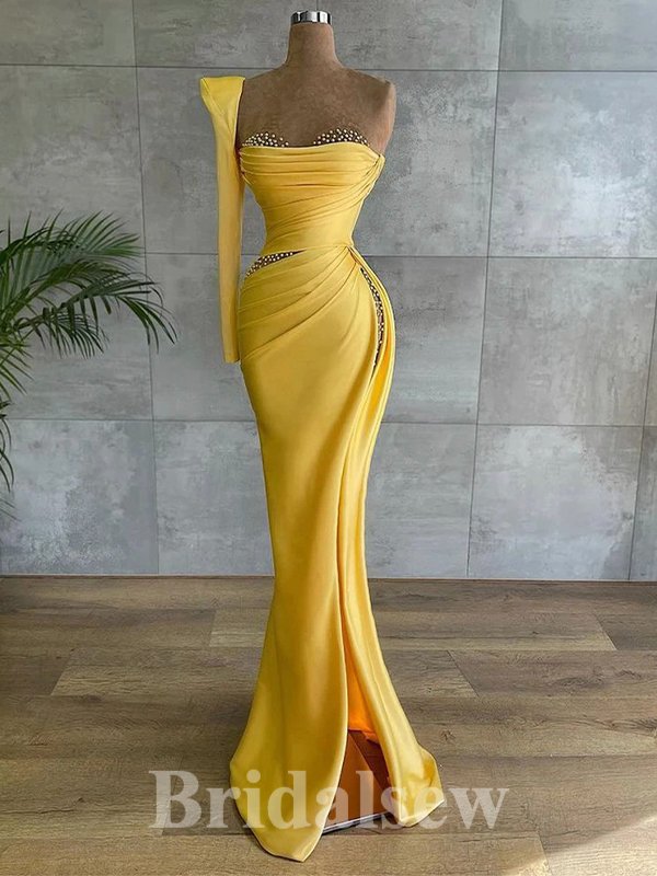 Charming New Yellow Elegant Unique Mermaid Formal Modest Long Evening Prom Dresses PD1038