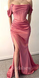 Charming Off the Shoulder Mermaid Sleeveless Slit Elegant Women Satin Formal Evening Long Prom Dresses PD562