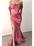 Charming Off the Shoulder Mermaid Sleeveless Slit Elegant Women Satin Formal Evening Long Prom Dresses PD562