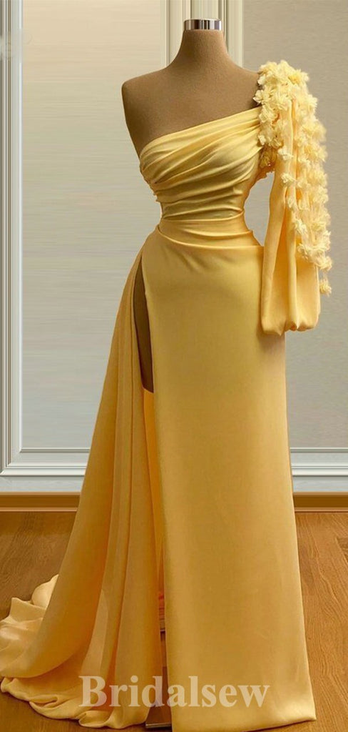 Charming One Shoulder Paster Yellow Elegant Unique Mermaid Formal Modest Long Evening Prom Dresses PD1037