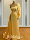 Charming One Shoulder Paster Yellow Elegant Unique Mermaid Formal Modest Long Evening Prom Dresses PD1037
