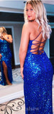 Charming Spaghetti Straps Sequin Blue Mermaid Long Party Evening Prom Dresses PD1357