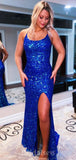 Charming Spaghetti Straps Sequin Blue Mermaid Long Party Evening Prom Dresses PD1357