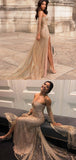 Charming Sparkly Sequin Off the Shoulder Long Sleeves Prom Dresses with Side Slit PD217