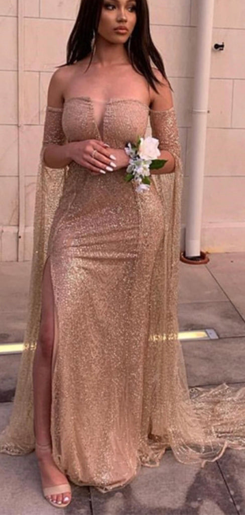 Charming Sparkly Sequin Off the Shoulder Long Sleeves Prom Dresses with Side Slit PD217