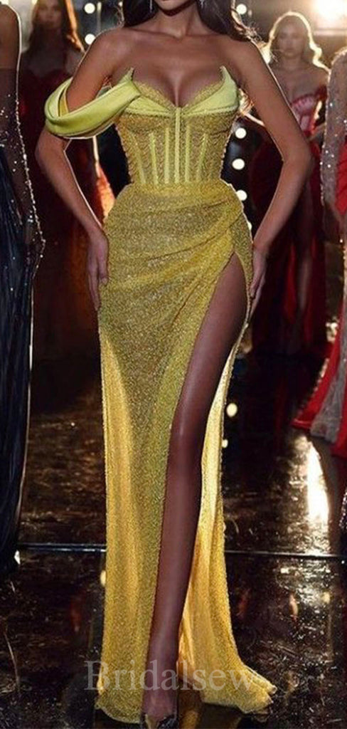 Charming Yellow Sequin Sparkly Glitter Mermaid Elegant Party Modest Women Long Evening Prom Dresses PD626