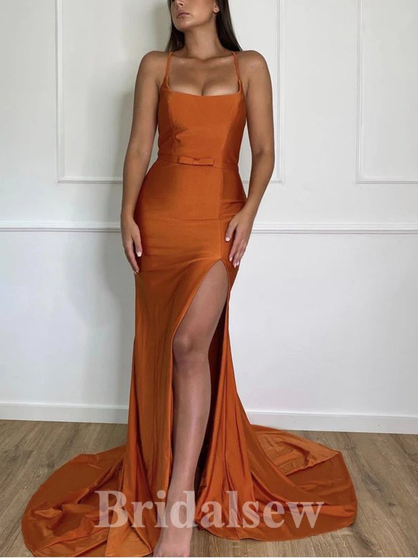 Cheap Burnt Orange Popular Spaghetti Straps Long Elegant Mermaid Modest Prom Dresses PD1155