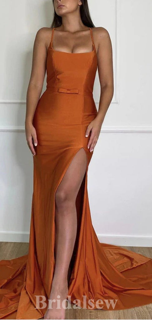 Cheap Burnt Orange Popular Spaghetti Straps Long Elegant Mermaid Modest Prom Dresses PD1155