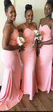 Cheap Spaghetti Straps Pink Mermaid Long Bridesmaid Dresses BD004