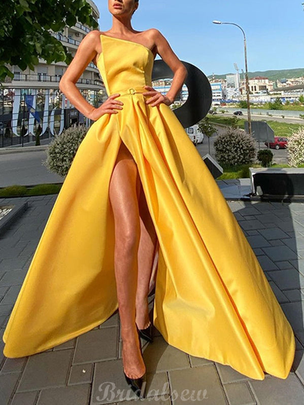 Cheap Yellow A-line Satin Side Slit Long Prom Dresses PD004 bridalsew Cheap Yellow A-line Satin Side Slit Long Prom Dresses PD004 bridalsew