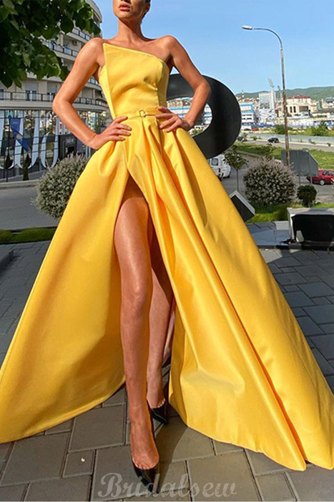 Cheap Yellow A-line Satin Side Slit Long Prom Dresses PD004