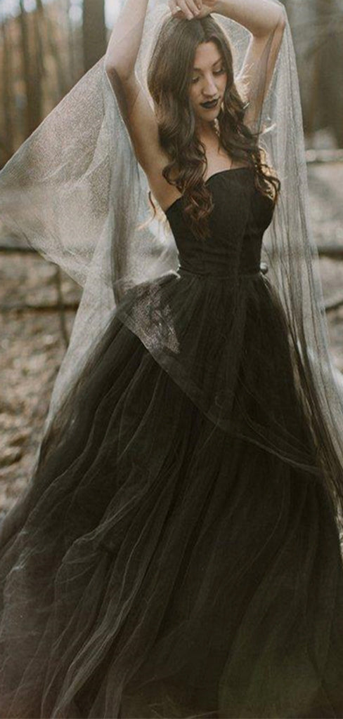 Chic A-line Black Unique Vintage Long Wedding Dresses, Bridal Gowns WD112