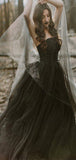 Chic A-line Black Unique Vintage Long Wedding Dresses, Bridal Gowns WD112