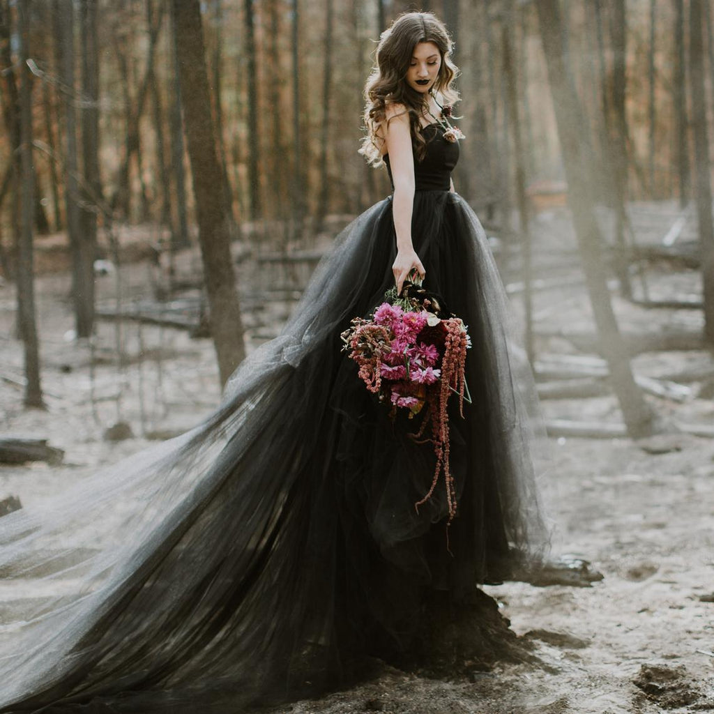 Chic A-line Black Unique Vintage Long Wedding Dresses, Bridal Gowns WD112