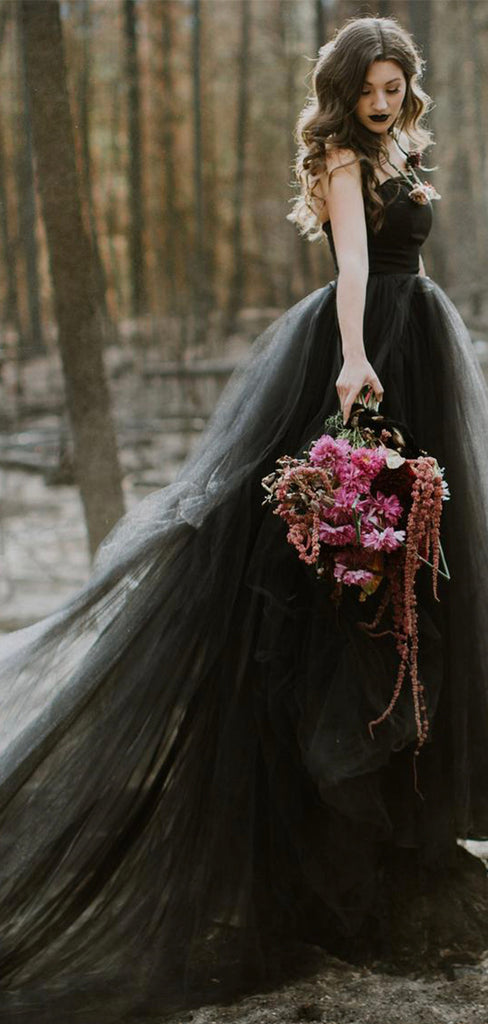 Chic A-line Black Unique Vintage Long Wedding Dresses, Bridal Gowns WD112