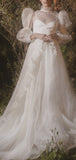 Chic A-line Off White Unique Vintage Long Wedding Dresses, Bridal Gowns WD114