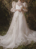 Chic A-line Off White Unique Vintage Long Wedding Dresses, Bridal Gowns WD114
